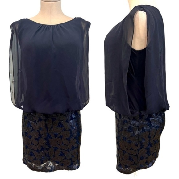 Aidan Aidan Mattox Navy Cocktail Dress with Sheer Flatter Top and Sequined Skirt - Picture 1 of 16